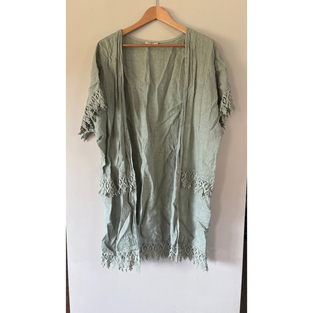 Valentina Naldi Italy Sage Green 100% Linen Crochet Lace Trim Kimono One Size